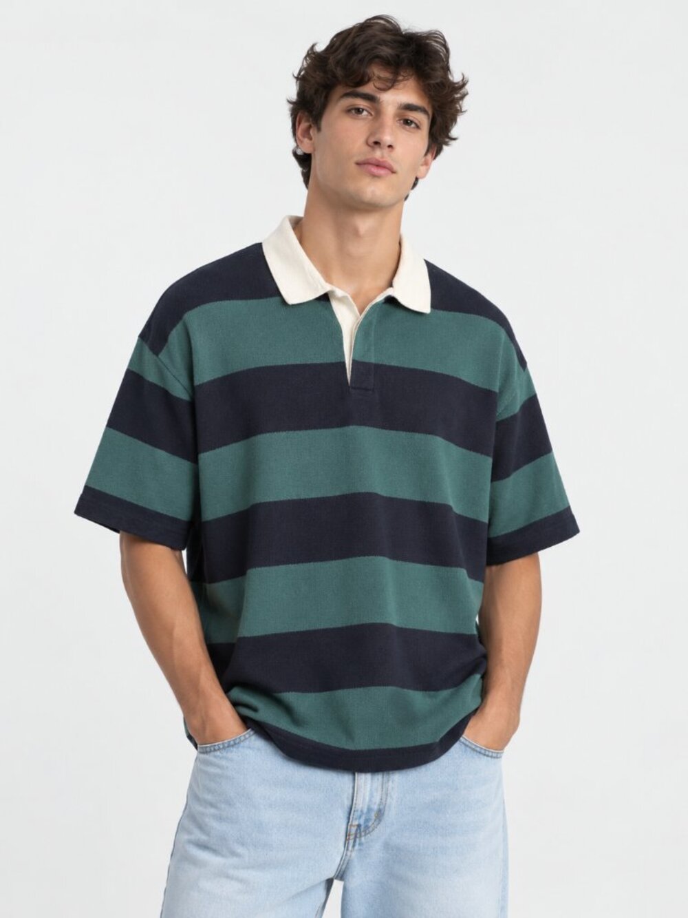 Abercrombie & Fitch Green Navy Striped Textured Knit Rugby Polo Shirt XL
